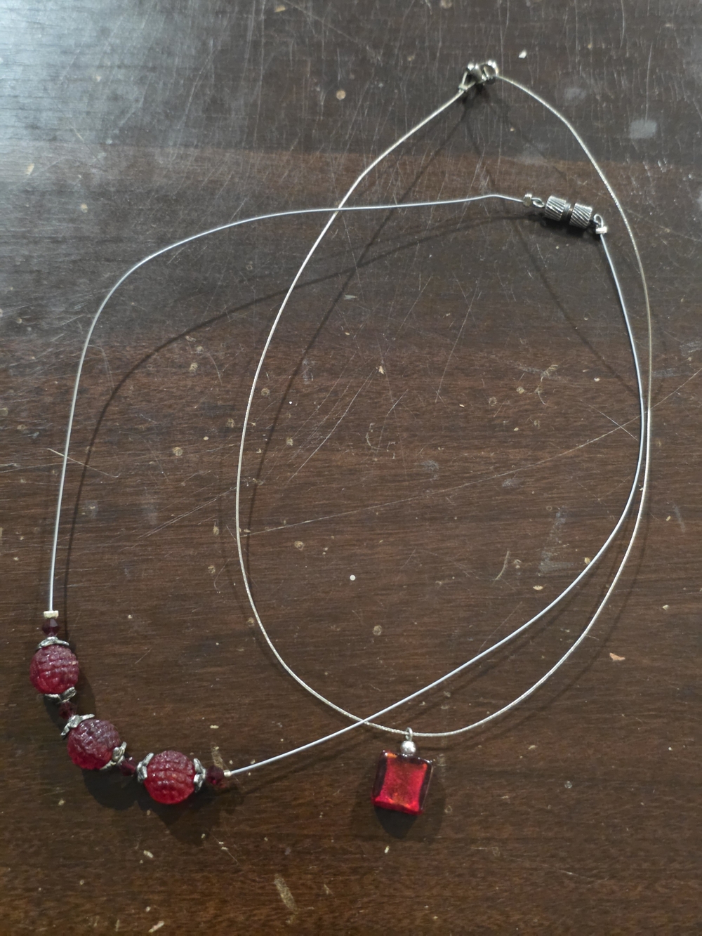 2 Women's Silver Wire Necklace with Red Beads and Pendant - Unbranded